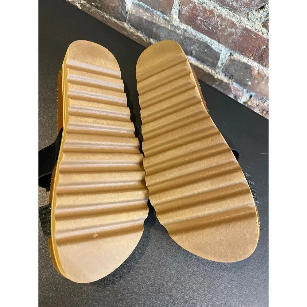 REEF • Black Vegan Leather Braided Double Strap Tan Cork/Foam 2” Sole Slide Sand